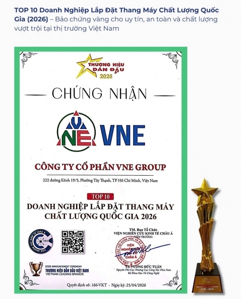 vne group duoc vinh danh top 10 doanh nghiep lap dat thang may chat luong hang dau quoc gia 2026
